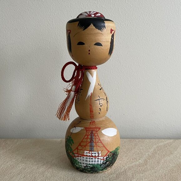 Hand Painted Wooden Japanese Kokeshi Doll 7” Tall Eiffel Tower Scene - Picture 1 of 10